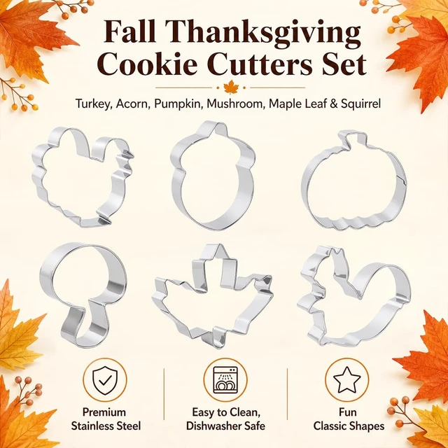 Alt view image 3 of 7 - Fall Thanksgiving Cookie Cutters, 6 PCS Fall Cookie Cutters Stainless Steel | Squirrel Leaf Pumpkin Turkey Acorn Shaped Biscuit Molds,Food Baking Supplies Fall Party Favors Decorations Kit for Kitchen