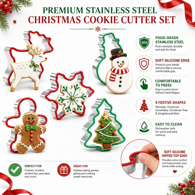 Alt view image 2 of 6 - Christmas Cookie Cutter Set, 5-Piece Stainless Steel with Soft Edges | Gingerbread man, snowflake, snowman, tree and reindeer shapes for holiday baking