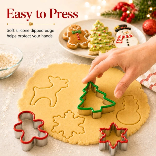 Alt view image 3 of 6 - Christmas Cookie Cutter Set, 5-Piece Stainless Steel with Soft Edges | Gingerbread man, snowflake, snowman, tree and reindeer shapes for holiday baking