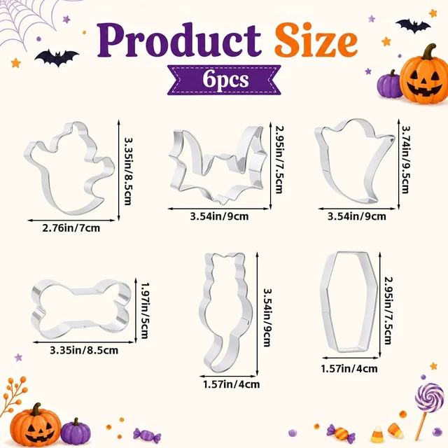 Alt view image 2 of 7 - Halloween Cookie Cutters, Large Halloween Cookie Cutters Stainless Steel | 6 PCS Bat Ghost Coffin Bone Shaped Biscuit Molds, Food Baking Supplies Halloween Party Favors Decorations Kit for Kitchen