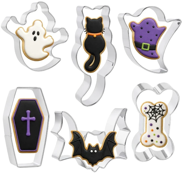 Main image of Halloween Cookie Cutters, Large Halloween Cookie Cutters Stainless Steel | 6 PCS Bat Ghost Coffin Bone Shaped Biscuit Molds, Food Baking Supplies Halloween Party Favors Decorations Kit for Kitchen