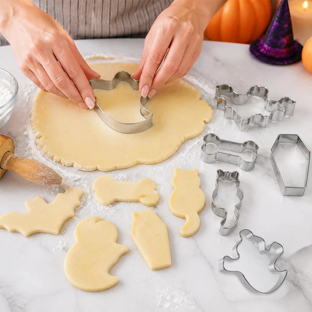 Alt view image 4 of 7 - Halloween Cookie Cutters, Large Halloween Cookie Cutters Stainless Steel | 6 PCS Bat Ghost Coffin Bone Shaped Biscuit Molds, Food Baking Supplies Halloween Party Favors Decorations Kit for Kitchen