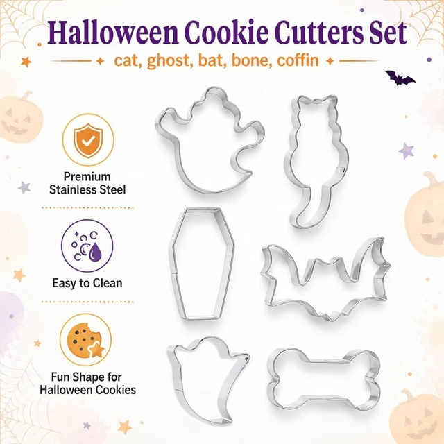 Alt view image 3 of 7 - Halloween Cookie Cutters, Large Halloween Cookie Cutters Stainless Steel | 6 PCS Bat Ghost Coffin Bone Shaped Biscuit Molds, Food Baking Supplies Halloween Party Favors Decorations Kit for Kitchen