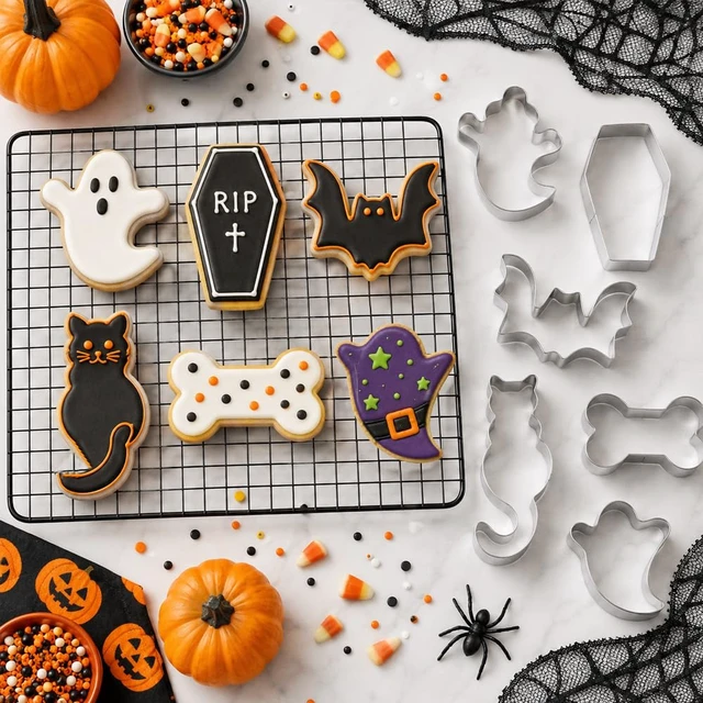Alt view image 5 of 7 - Halloween Cookie Cutters, Large Halloween Cookie Cutters Stainless Steel | 6 PCS Bat Ghost Coffin Bone Shaped Biscuit Molds, Food Baking Supplies Halloween Party Favors Decorations Kit for Kitchen