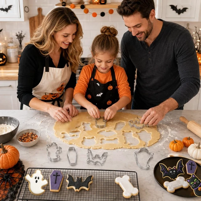 Alt view image 7 of 7 - Halloween Cookie Cutters, Large Halloween Cookie Cutters Stainless Steel | 6 PCS Bat Ghost Coffin Bone Shaped Biscuit Molds, Food Baking Supplies Halloween Party Favors Decorations Kit for Kitchen