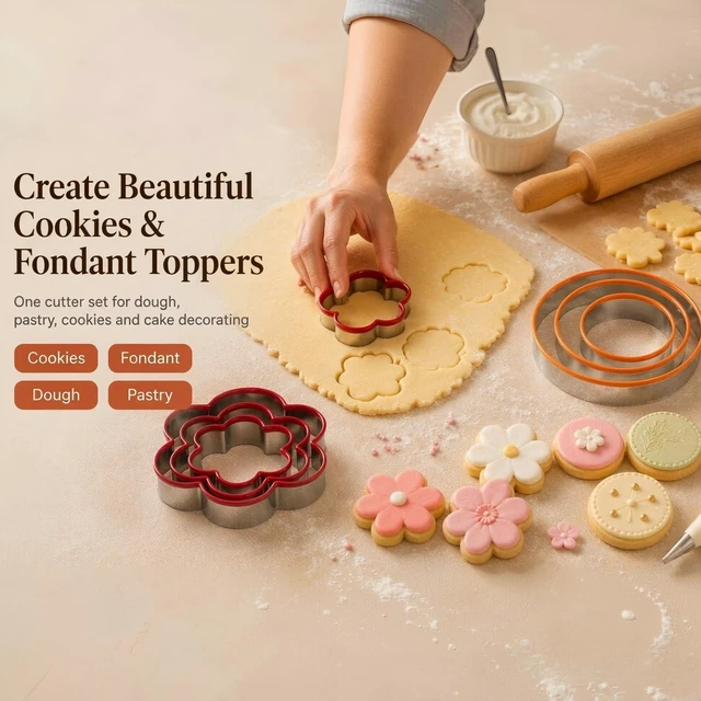 Alt view image 5 of 7 - 6 Pcs Cookie Cutters Set - Flower and Round Shapes Biscuit Cutter | Professional Baking Dough Tools , Stainless Steel, PVC Coated