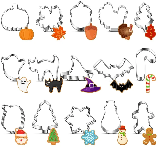 Main image of 15 Pcs Fall Holiday Cookie Cutters Set, Halloween Thanksgiving | Stainless Steel with Pumpkin, Ghost, Gingerbread Man, Turkey, Snowman, Tree Shapes for Festive Baking and Party