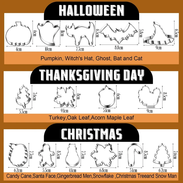 Alt view image 2 of 7 - 15 Pcs Fall Holiday Cookie Cutters Set, Halloween Thanksgiving | Stainless Steel with Pumpkin, Ghost, Gingerbread Man, Turkey, Snowman, Tree Shapes for Festive Baking and Party