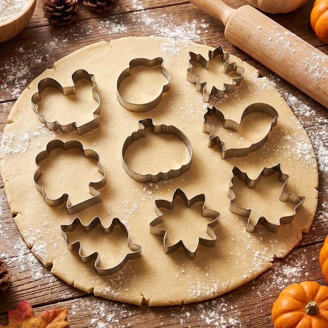 Alt view image 3 of 7 - 9 Pcs Fall Thanksgiving Cookie Cutters Set Stainless Steel | Pumpkin, Turkey, Sunflower, Maple Leaf, Oak Leaf, Squirrel and Acorn Cookie Stamp for Seasonal Baking and Crafts
