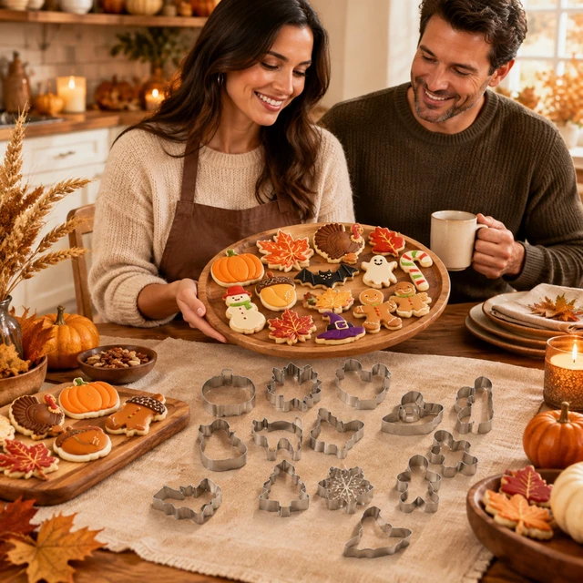 Alt view image 5 of 7 - 15 Pcs Fall Holiday Cookie Cutters Set, Halloween Thanksgiving | Stainless Steel with Pumpkin, Ghost, Gingerbread Man, Turkey, Snowman, Tree Shapes for Festive Baking and Party
