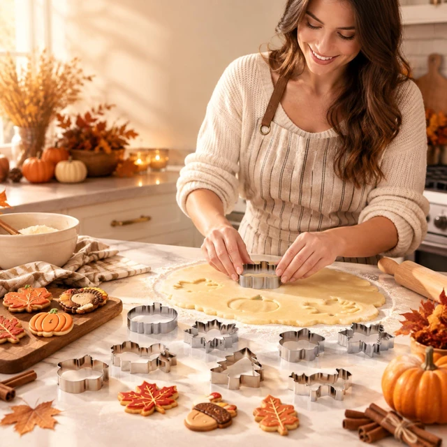 Alt view image 6 of 7 - 15 Pcs Fall Holiday Cookie Cutters Set, Halloween Thanksgiving | Stainless Steel with Pumpkin, Ghost, Gingerbread Man, Turkey, Snowman, Tree Shapes for Festive Baking and Party