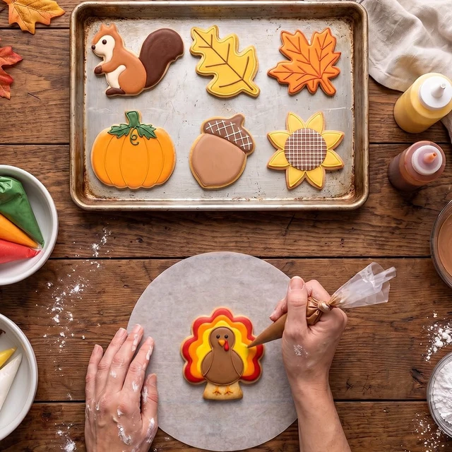 Alt view image 5 of 7 - 9 Pcs Fall Thanksgiving Cookie Cutters Set Stainless Steel | Pumpkin, Turkey, Sunflower, Maple Leaf, Oak Leaf, Squirrel and Acorn Cookie Stamp for Seasonal Baking and Crafts