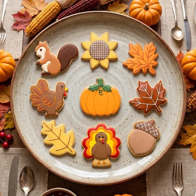 Alt view image 6 of 7 - 9 Pcs Fall Thanksgiving Cookie Cutters Set Stainless Steel | Pumpkin, Turkey, Sunflower, Maple Leaf, Oak Leaf, Squirrel and Acorn Cookie Stamp for Seasonal Baking and Crafts