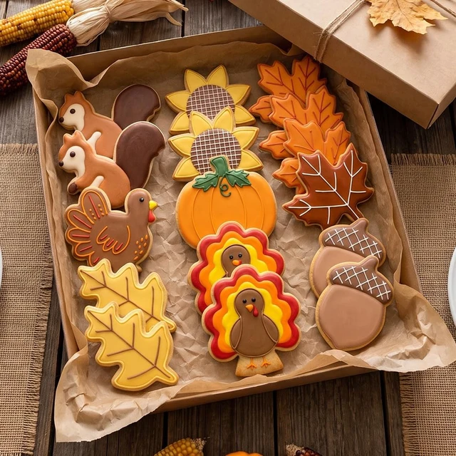 Alt view image 7 of 7 - 9 Pcs Fall Thanksgiving Cookie Cutters Set Stainless Steel | Pumpkin, Turkey, Sunflower, Maple Leaf, Oak Leaf, Squirrel and Acorn Cookie Stamp for Seasonal Baking and Crafts