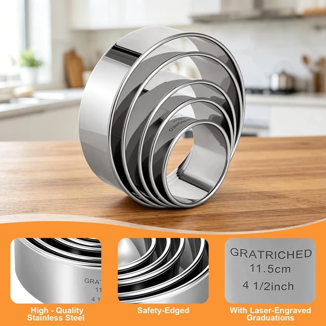 Alt view image 3 of 7 - 5 Pcs Stainless Steel Cookie Cutters Set, Graduated Round Biscuit Cutter | Professional baking tools making cookies,Laserengraved cm/inch, Gift for baking lovers
