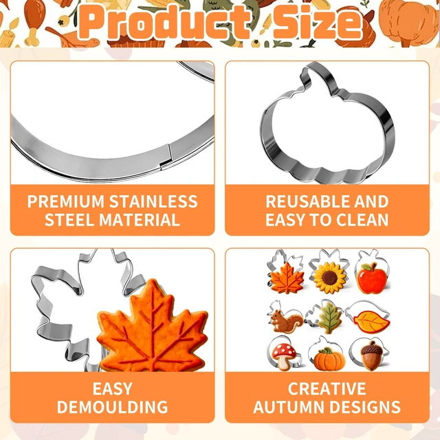 Alt view image 3 of 7 - 9 Pieces Fall Cookie Cutters Set, Stainless Steel Autumn-Themed Biscuit Mold Includes Mushroom Maple Leaf Oak Leaf Acorn Squirrel Apple Pumpkin Sunflower Baking Decorations