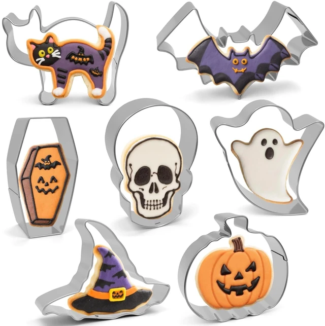 Main image of Halloween Cookie Cutters 3 Inch Set of 7 | Large Bat, Ghost, Pumpkin, Witch Hat, Cat, Skull, Coffin Shapes, Stainless Steel Metal Biscuit Mold for Halloween Baking