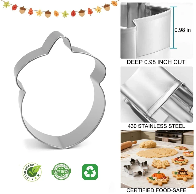 Alt view image 2 of 6 - Fall Thanksgiving Cookie Cutters Large, Set of 7 | Turkey, Pumpkin, Maple Leaf, Oak Leaf, Acorn, Candy Corn, Squirrel Shapes, Stainless Steel Autumn Themed Biscuit Mold