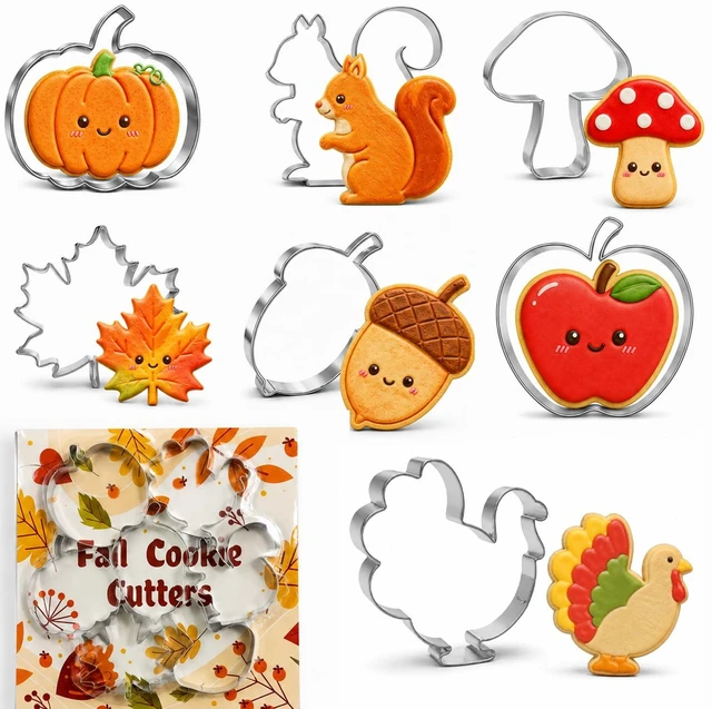 Main image of Fall Thanksgiving Cookie Cutters - 7PCS Stainless Steel Biscuit Molds | Fall Party Favors Decorations Kit Shaped in Pumpkin Acorn Turkey Fall Leaves | Fall Decor Food Baking Supplies for Kitchen