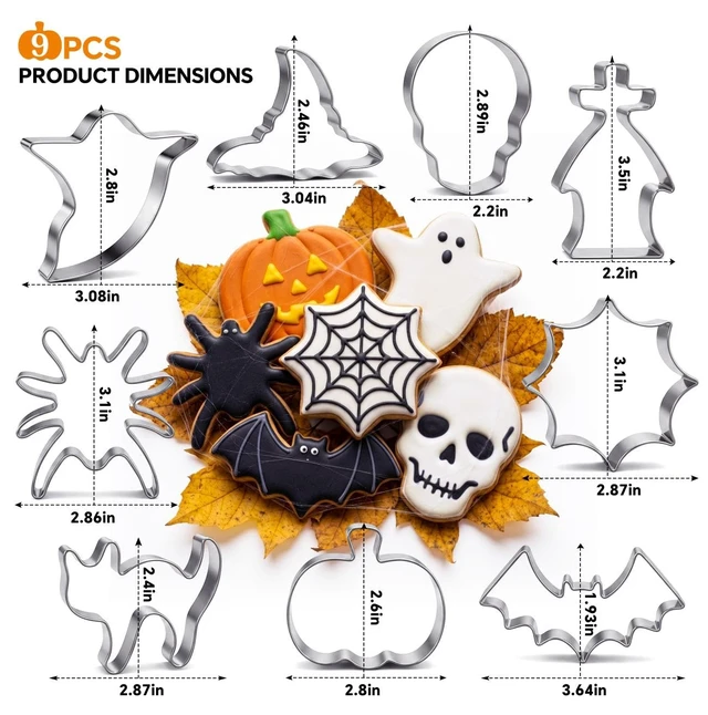 Alt view image 2 of 7 - Halloween Cookie Cutters Set 9 Pieces, Metal Cookie Cutters Shapes - Bat, Ghost, Pumpkin, Cat, Witch's Hat, Spider, Spider Web, Skull, Tombstone, Stainless Steel Biscuit Molds for Party Decorations