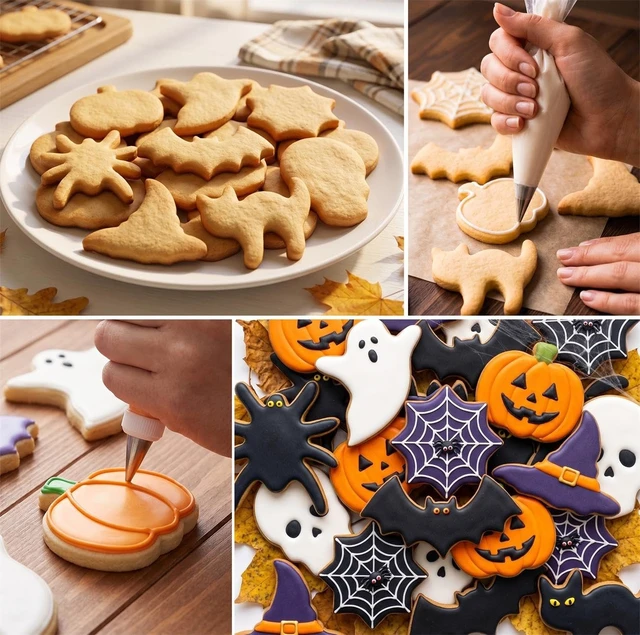 Alt view image 7 of 7 - Halloween Cookie Cutters Set 9 Pieces, Metal Cookie Cutters Shapes - Bat, Ghost, Pumpkin, Cat, Witch's Hat, Spider, Spider Web, Skull, Tombstone, Stainless Steel Biscuit Molds for Party Decorations