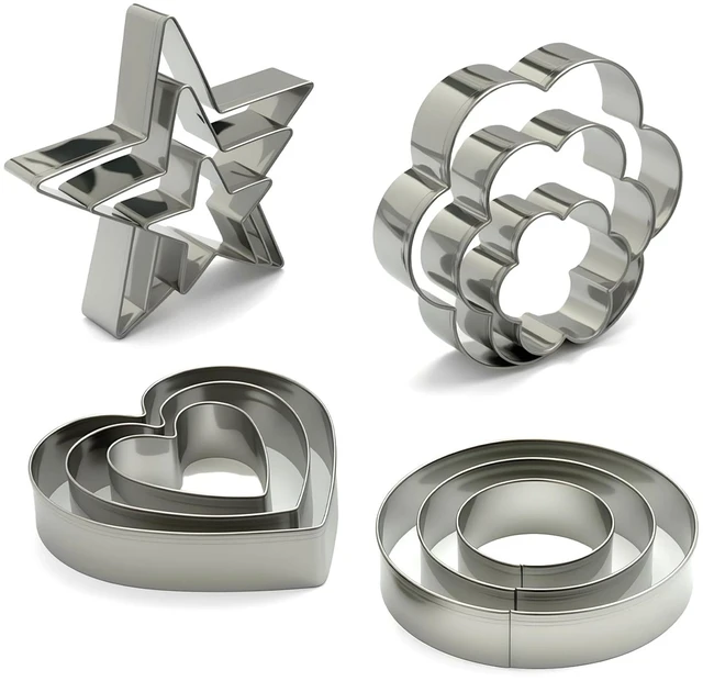 Main image of Metal Cookie Cutters Set of 12 - Heart, Flower, Round, Star Shapes | Stainless Steel, Small to Mini Size, Metal Biscuit Cutter Molds for Sugar Cookie Baking or Holiday Party Decorations