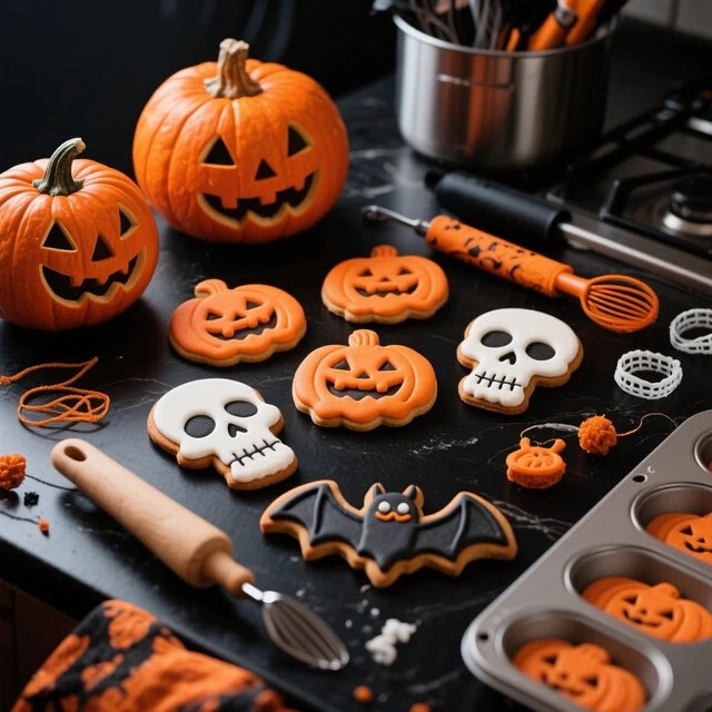 Alt view image 4 of 5 - Halloween Cookie Cutters Variety Pack, Set of 10 | Ghost, Bat, Pumpkin, Witch Hat, Cat, Skull, Spider, Spider Web, Coffin, Tombstone Shapes, Metal Biscuit Mold for Baking