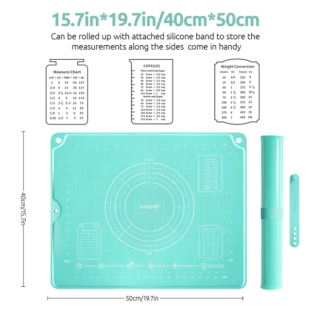 Alt view image 2 of 7 - Silicone Pastry Mat, Dough Rolling Baking Sheet, 16"x20", Aqua Sky | Food-Grade Liquid Silicone, Non-Stick Non-Slip, Baking Supplies for Pizza Cookie Pie Crust, Clear Measurement & Raised Edges