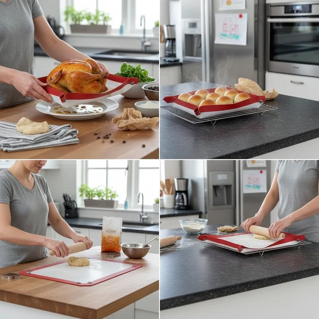 Alt view image 7 of 7 - Locking Dials Silicone Fiber Baking Mat to Prevent Leaks, Nonstick Reusable Heat Resistant Baking Sheet Corners Snap Together to Form Leakproof Oven Liner