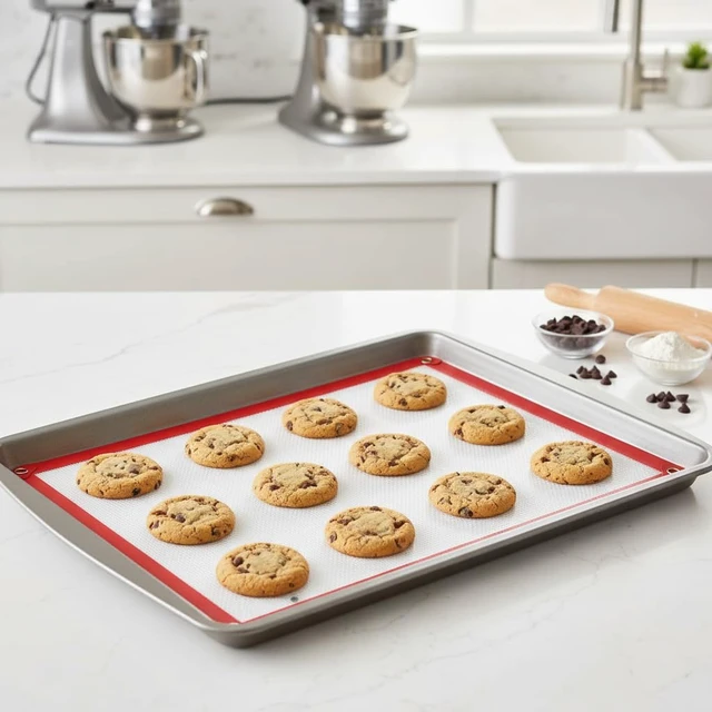 Alt view image 6 of 7 - Locking Dials Silicone Fiber Baking Mat to Prevent Leaks, Nonstick Reusable Heat Resistant Baking Sheet Corners Snap Together to Form Leakproof Oven Liner
