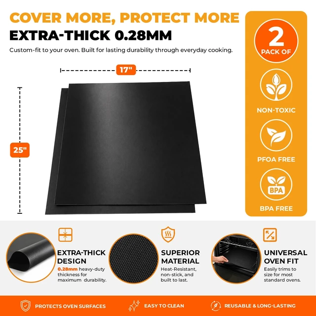Alt view image 3 of 7 - Oven Liners for Bottom of Oven - Thick Heavy Duty 17 x 25 2 Pack Non-Stick Reusable Mats - BPA & PFOA Free Protector for Electric, Gas, Microwave & BBQ Grill Liner - Easy Clean & Heat Resistant