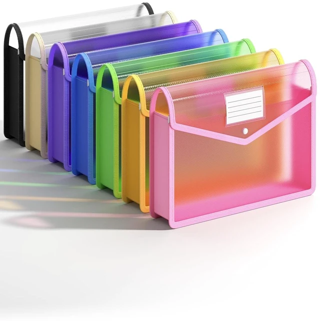 Main image of Plastic Expanding File Folder, Transparent Envelopes with Snap Closure | No Dividers, Large Capacity, Assorted Colors, Bills&Taxes, Fits Letter / A4 Size for School / Office / Home, 7 Pack
