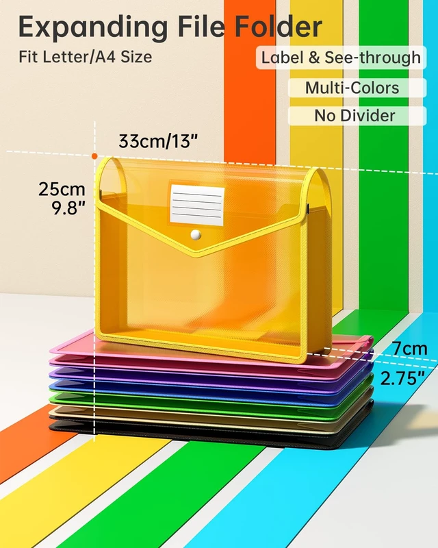 Alt view image 2 of 7 - Plastic Expanding File Folder, Transparent Envelopes with Snap Closure | No Dividers, Large Capacity, Assorted Colors, Bills&Taxes, Fits Letter / A4 Size for School / Office / Home, 7 Pack