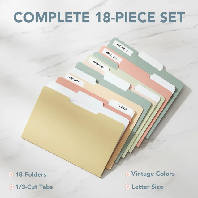 Alt view image 7 of 7 - File Folders, 18 Pack, Vintage Colors, 1/3-Cut Tab | File Folders Letter Size, Colored File Folders, Office File Folder