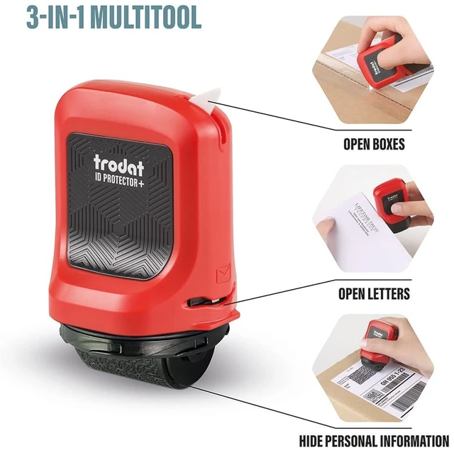 Main image of ID Protector+ Ink Roller Stamp w/Box & Letter Opener & 3 Refill Inks | Conceals info in one roll; Works on glossy & standard paper; Ceramic box cutter and letter opener; Includes 3 refill inks
