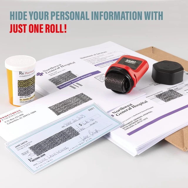 Alt view image 3 of 7 - ID Protector+ Ink Roller Stamp w/Box & Letter Opener & 3 Refill Inks | Conceals info in one roll; Works on glossy & standard paper; Ceramic box cutter and letter opener; Includes 3 refill inks