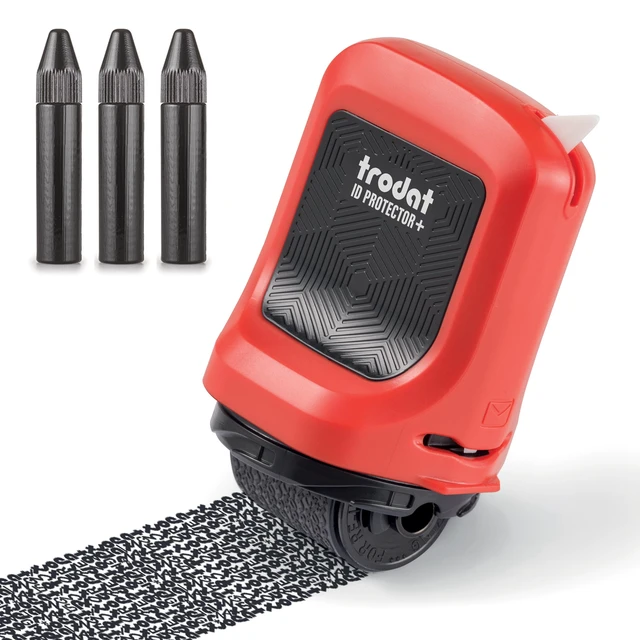 Alt view image 2 of 7 - ID Protector+ Ink Roller Stamp w/Box & Letter Opener & 3 Refill Inks | Conceals info in one roll; Works on glossy & standard paper; Ceramic box cutter and letter opener; Includes 3 refill inks
