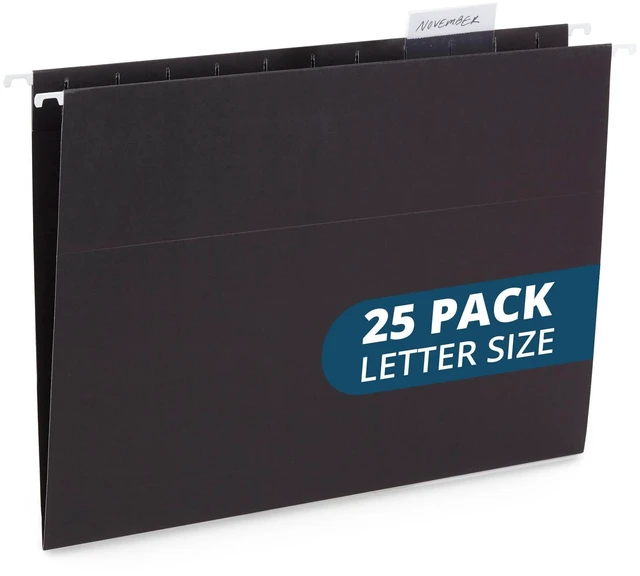Main image of 25 Hanging File Folders, Letter Size, Black | Reinforced 12pt, 1/5 Cut Tabs, Plastic Tabs and Inserts Included, for Filing Cabinet, Home, and Office Use