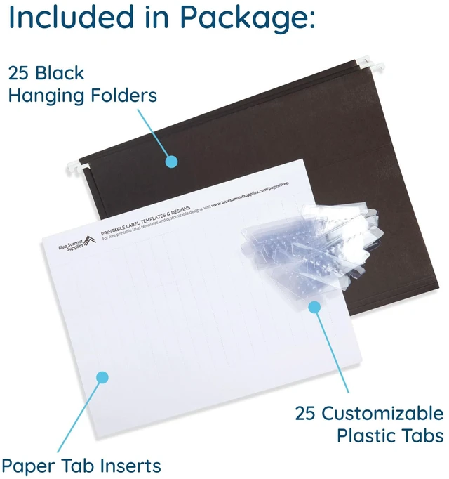 Alt view image 2 of 6 - 25 Hanging File Folders, Letter Size, Black | Reinforced 12pt, 1/5 Cut Tabs, Plastic Tabs and Inserts Included, for Filing Cabinet, Home, and Office Use