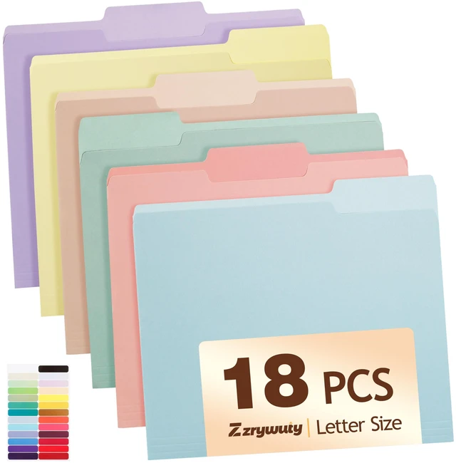 Main image of Color File Folders, 1/3-Cut Tabs, 18 Pack File Folder Letter Size, 8.5x11 Inch Manilla folders, 6 Pastel Colors Organizer File Folders for School Home Office Business