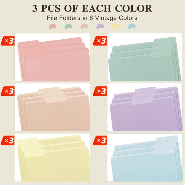 Alt view image 4 of 7 - Color File Folders, 1/3-Cut Tabs, 18 Pack File Folder Letter Size, 8.5x11 Inch Manilla folders, 6 Pastel Colors Organizer File Folders for School Home Office Business