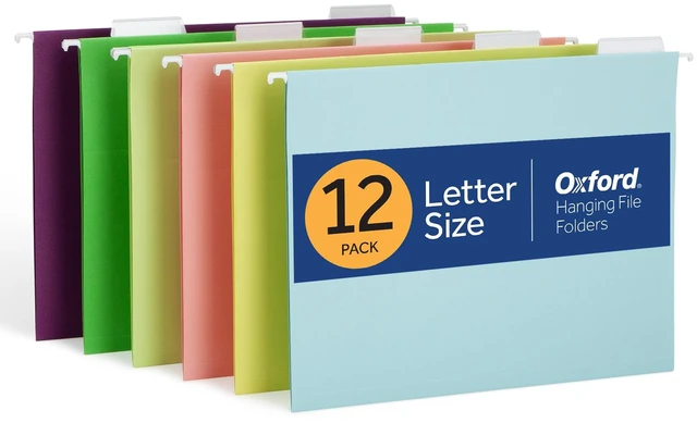 Main image of Hanging File Folders, 12 Pack, Letter Size (8.5" x 11"), 6 Assorted Colors, 5 Tab Positions, Includes Tabs and Inserts, Hanging Files for Office and Document Organization