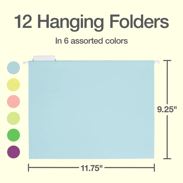Alt view image 2 of 7 - Hanging File Folders, 12 Pack, Letter Size (8.5" x 11"), 6 Assorted Colors, 5 Tab Positions, Includes Tabs and Inserts, Hanging Files for Office and Document Organization