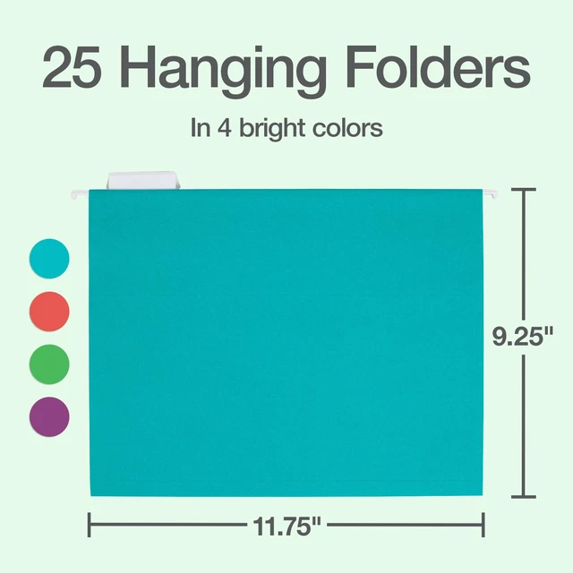 Alt view image 2 of 7 - Hanging File Folders, 25 Pack, Letter Size (8.5" x 11"), 4 Tropical Colors, 5 Tab Positions, Includes Tabs and Inserts, Hanging Files for Office and Document Organization