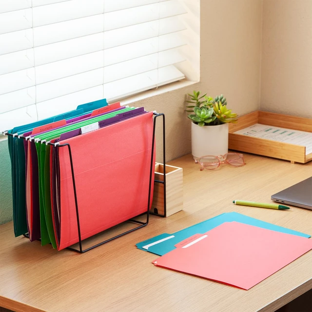 Alt view image 5 of 7 - Hanging File Folders, 25 Pack, Letter Size (8.5" x 11"), 4 Tropical Colors, 5 Tab Positions, Includes Tabs and Inserts, Hanging Files for Office and Document Organization