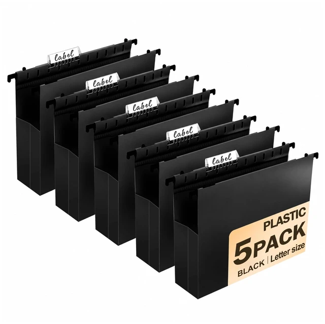 Main image of 5 Pack Heavy Duty Plastic Hanging File Folders, Letter Size, Black | Water-Resistant & Durable, 2" Expandable Pockets, Adjustable Hanging Hooks, Extra Capacity, Ideal for File Cabinets, Drawers