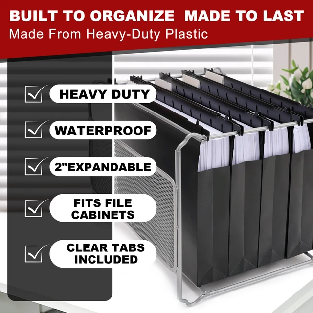 Alt view image 3 of 7 - 5 Pack Heavy Duty Plastic Hanging File Folders, Letter Size, Black | Water-Resistant & Durable, 2" Expandable Pockets, Adjustable Hanging Hooks, Extra Capacity, Ideal for File Cabinets, Drawers