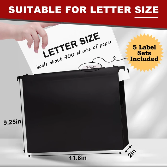 Alt view image 2 of 7 - 5 Pack Heavy Duty Plastic Hanging File Folders, Letter Size, Black | Water-Resistant & Durable, 2" Expandable Pockets, Adjustable Hanging Hooks, Extra Capacity, Ideal for File Cabinets, Drawers