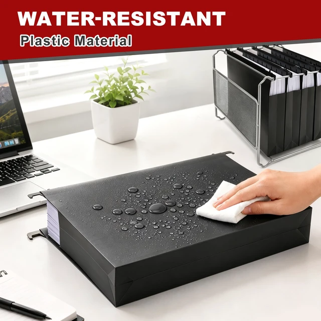 Alt view image 5 of 7 - 5 Pack Heavy Duty Plastic Hanging File Folders, Letter Size, Black | Water-Resistant & Durable, 2" Expandable Pockets, Adjustable Hanging Hooks, Extra Capacity, Ideal for File Cabinets, Drawers