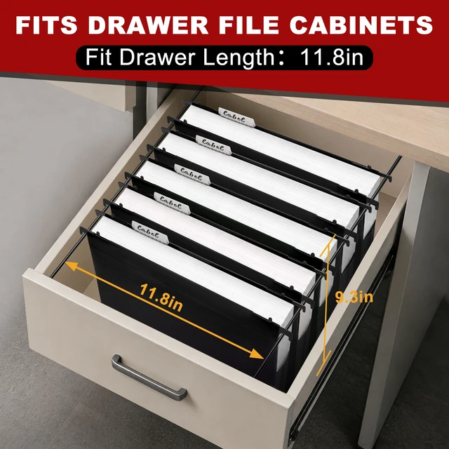Alt view image 7 of 7 - 5 Pack Heavy Duty Plastic Hanging File Folders, Letter Size, Black | Water-Resistant & Durable, 2" Expandable Pockets, Adjustable Hanging Hooks, Extra Capacity, Ideal for File Cabinets, Drawers